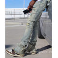 Custom Acid Wash Distressed Flare Stacked Jeans Pants
